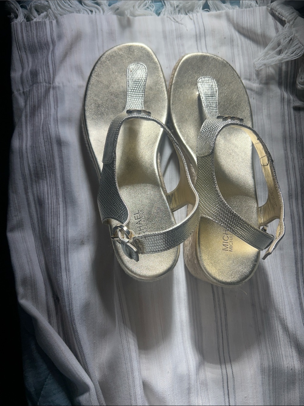 Michael Kors Metallic Silver T-Strap Sandals